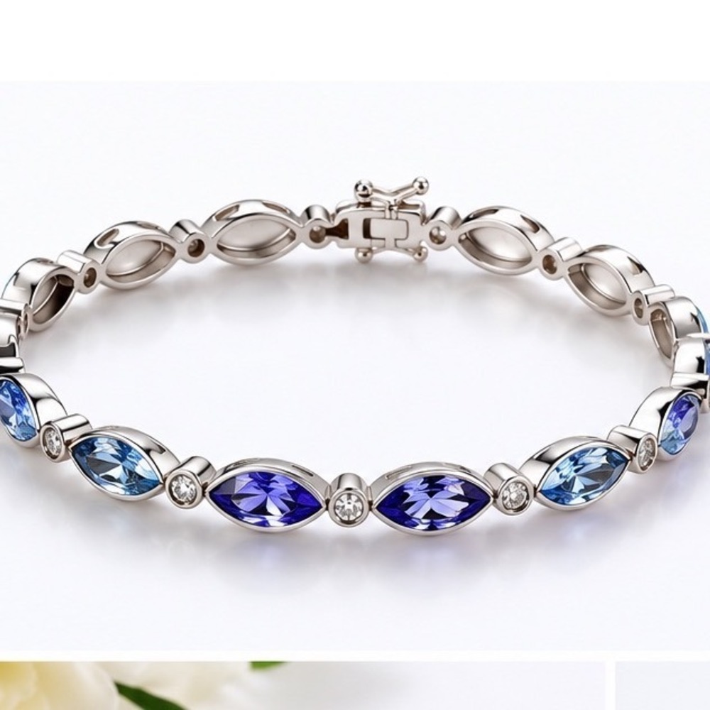 Tennis Bracelet Silver Tone Blue Purple Marquise Crystal Box Clasp Safety Latch